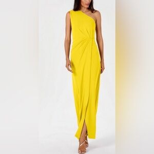 NWT Calvin Klein Sleeveless Draped Sunshine Yellow One Shoulder Gown ZB8